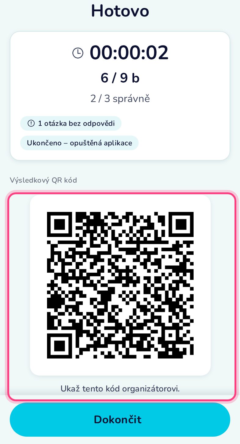 Výsledek a výsledkový QR kód