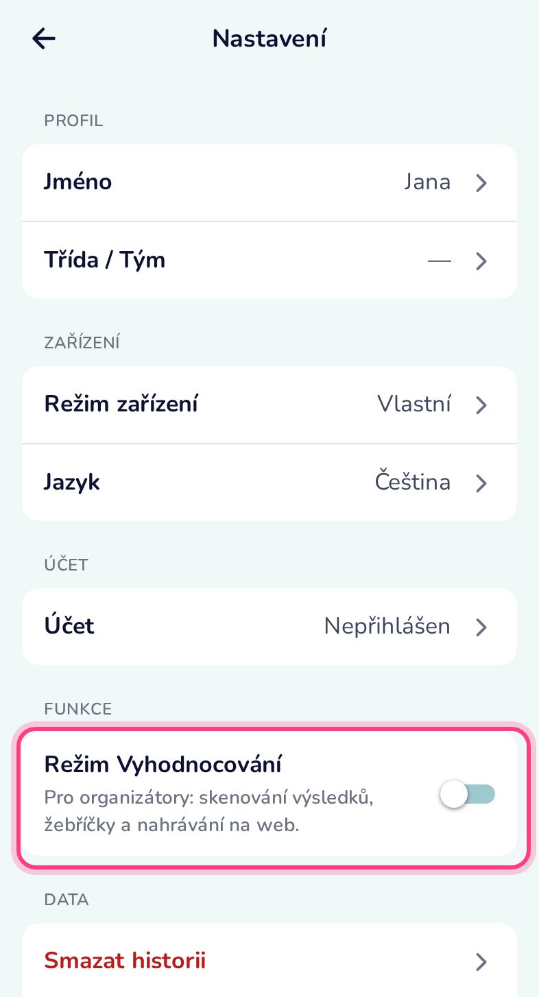 Zapni režim Vyhodnocování